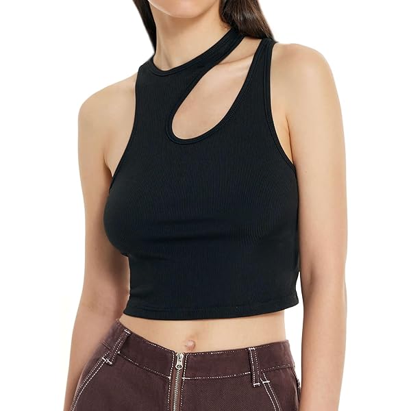 CIDER Women's Cut Out Tops Asymmetrical Neck Sleeveless Crop Tank